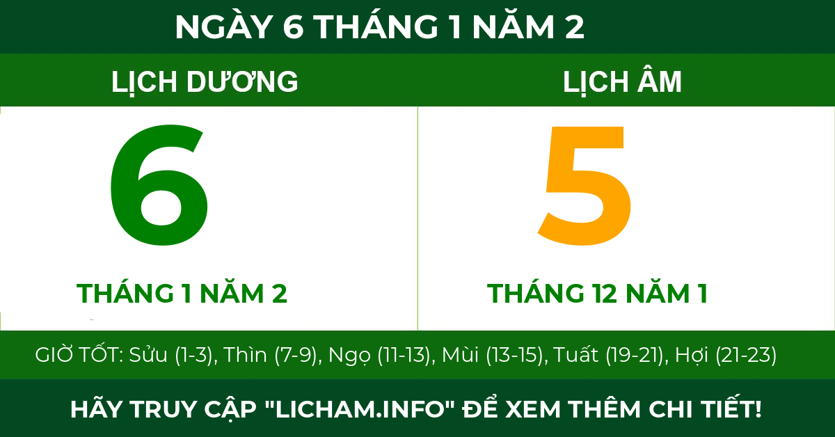 lịch âm ngày 6 tháng 1 năm 2