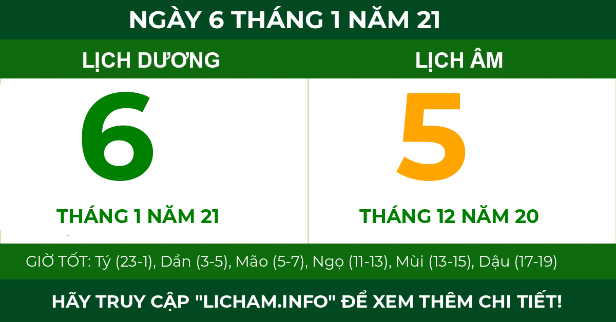 lịch âm ngày 6 tháng 1 năm 21