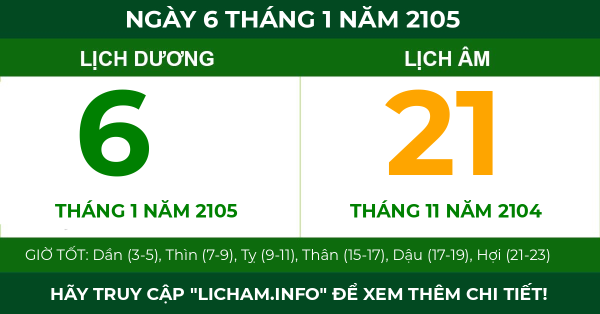 lịch âm ngày 6 tháng 1 năm 2105