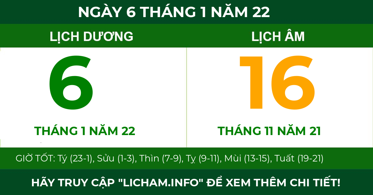 lịch âm ngày 6 tháng 1 năm 22