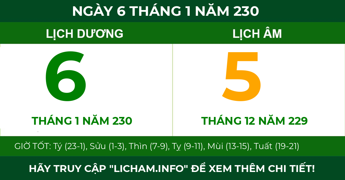 lịch âm ngày 6 tháng 1 năm 230