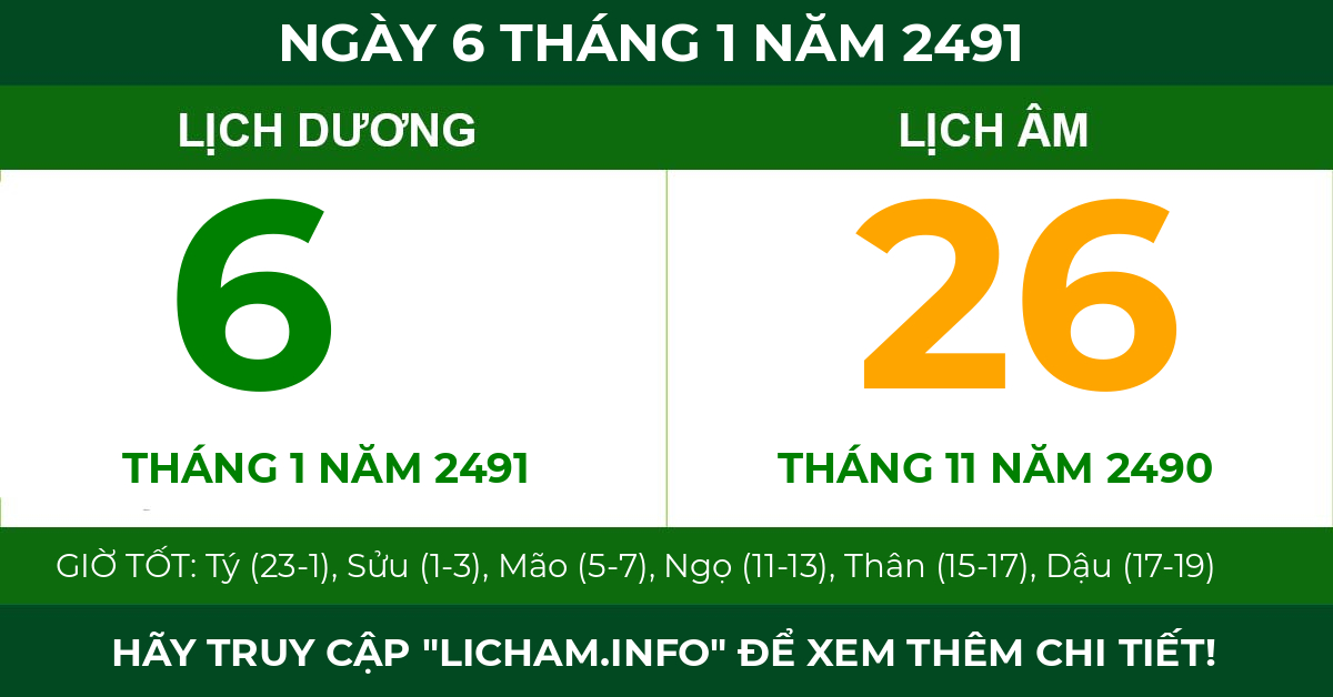 lịch âm ngày 6 tháng 1 năm 2491