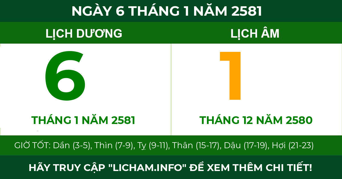 lịch âm ngày 6 tháng 1 năm 2581