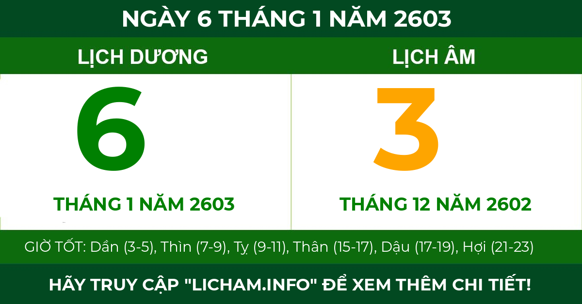 lịch âm ngày 6 tháng 1 năm 2603
