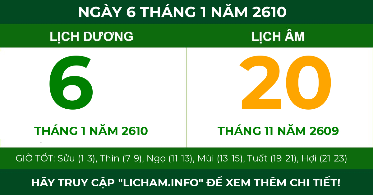lịch âm ngày 6 tháng 1 năm 2610
