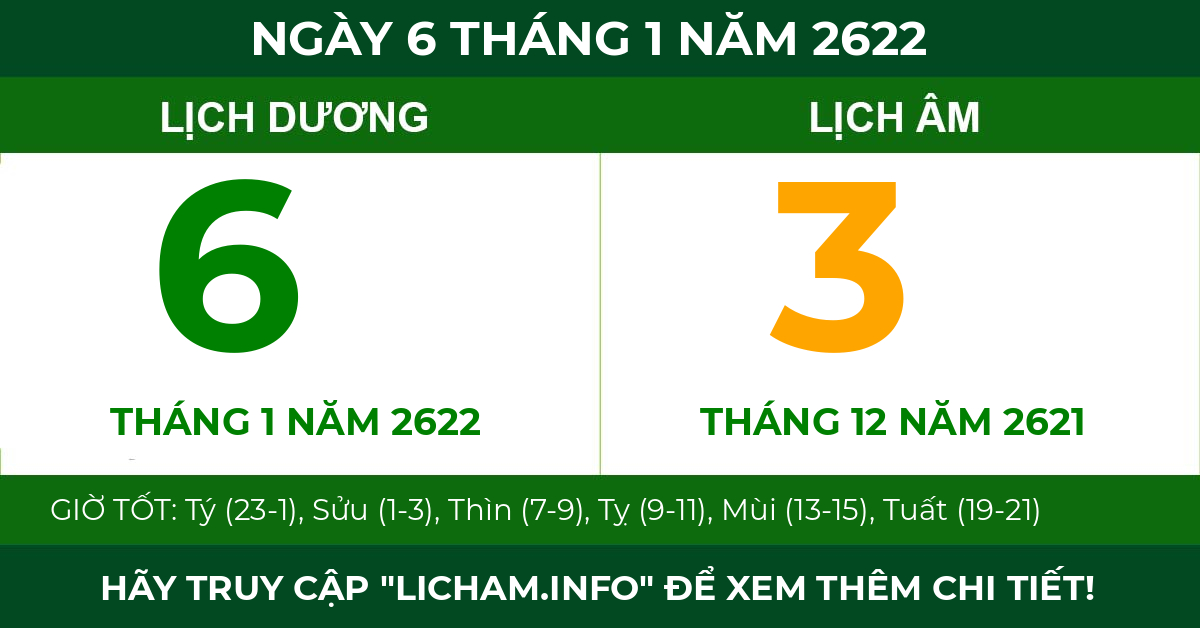 lịch âm ngày 6 tháng 1 năm 2622