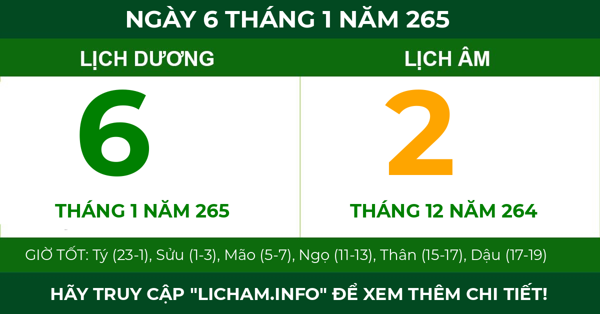 lịch âm ngày 6 tháng 1 năm 265