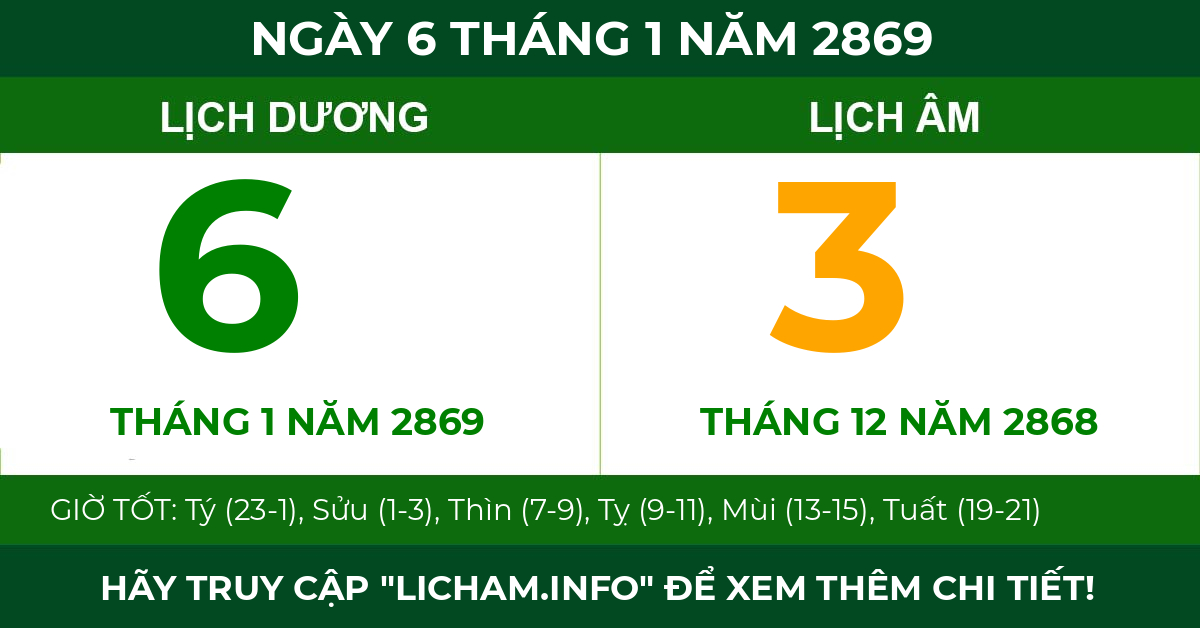 lịch âm ngày 6 tháng 1 năm 2869