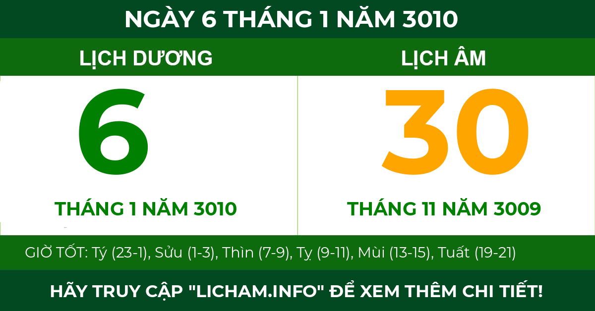 lịch âm ngày 6 tháng 1 năm 3010