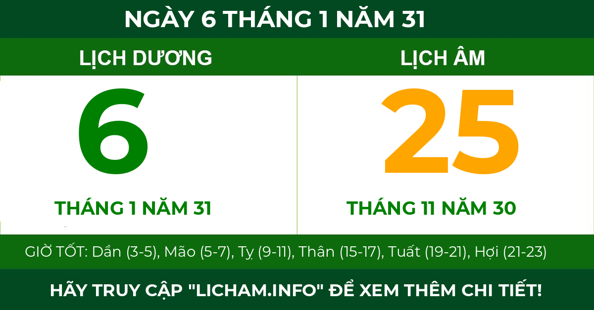 lịch âm ngày 6 tháng 1 năm 31