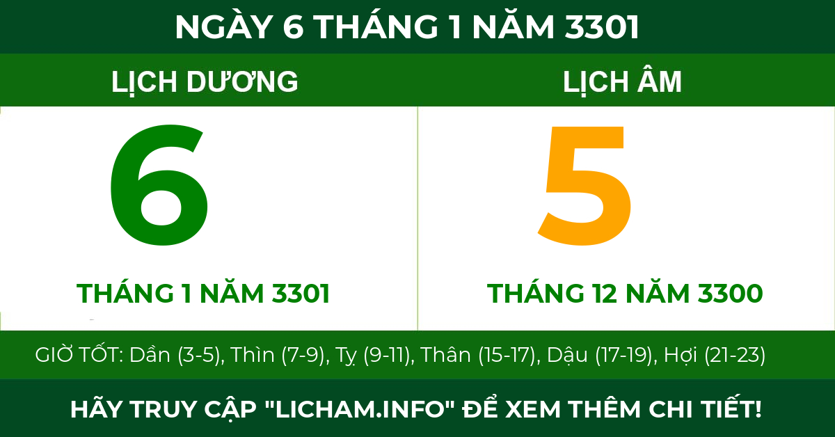 lịch âm ngày 6 tháng 1 năm 3301