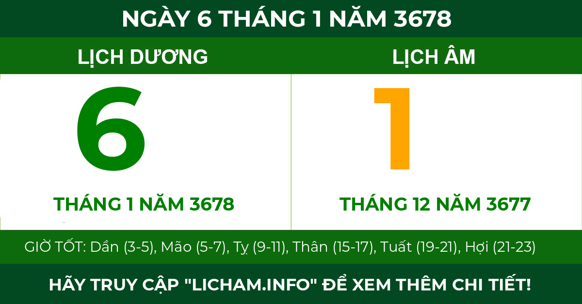 lịch âm ngày 6 tháng 1 năm 3678