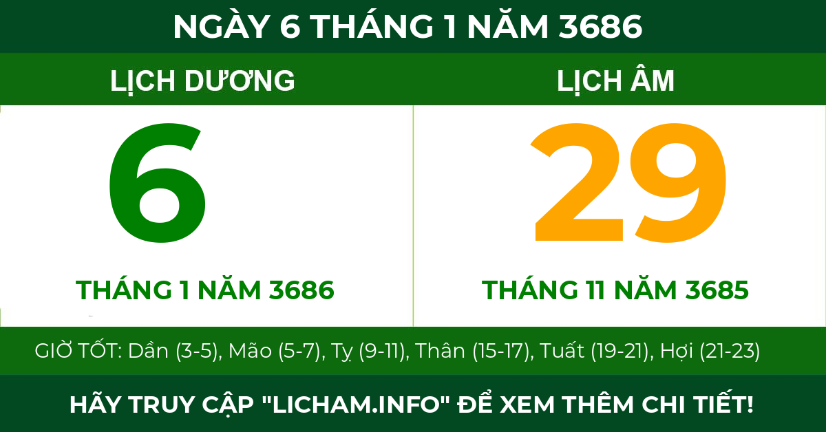 lịch âm ngày 6 tháng 1 năm 3686