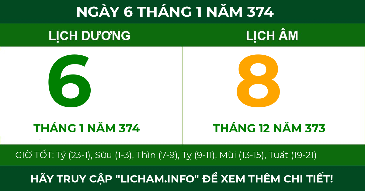lịch âm ngày 6 tháng 1 năm 374