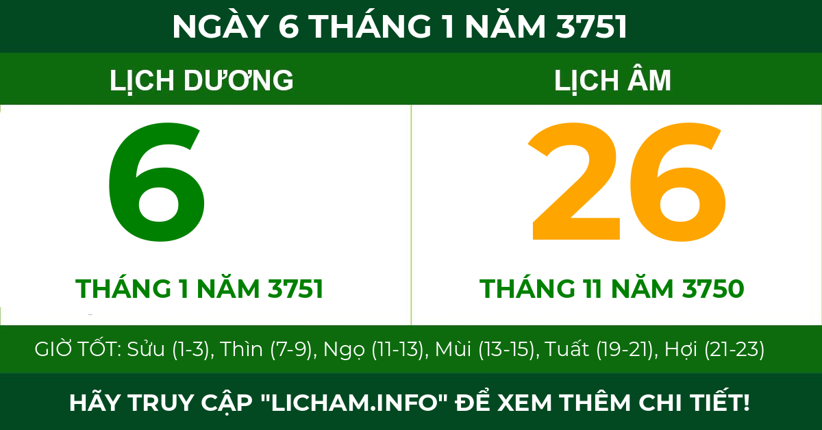 lịch âm ngày 6 tháng 1 năm 3751