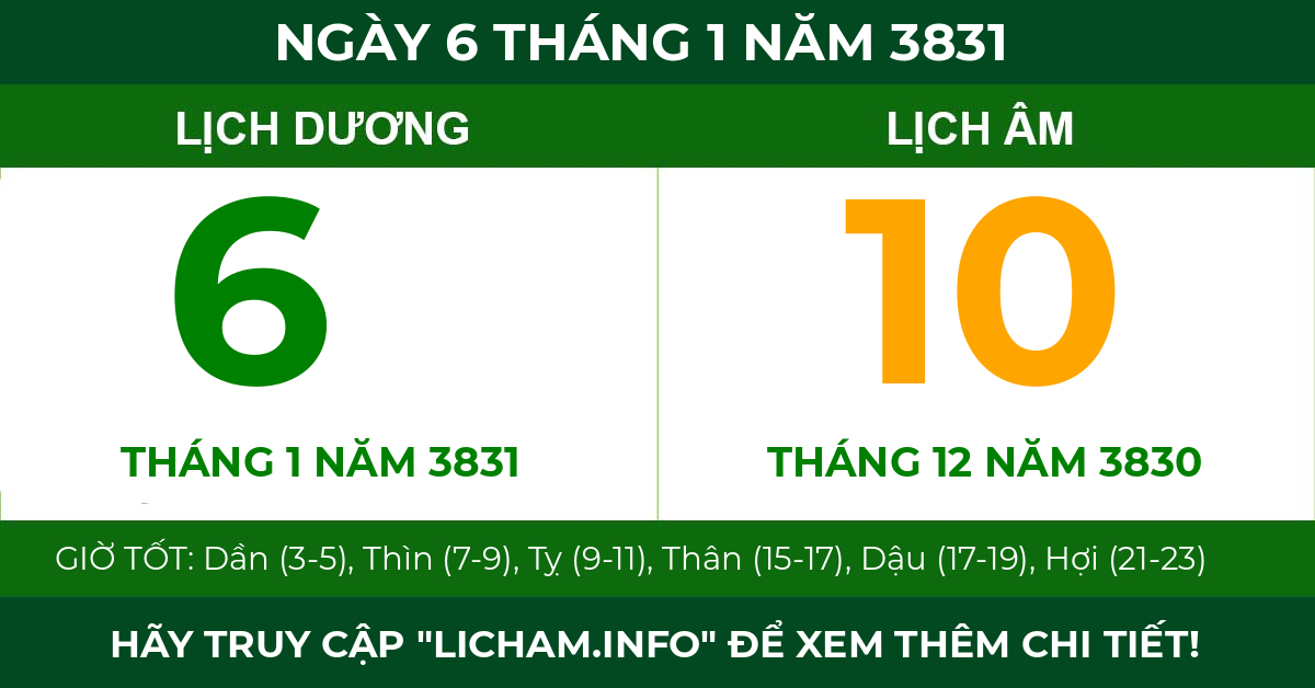 lịch âm ngày 6 tháng 1 năm 3831