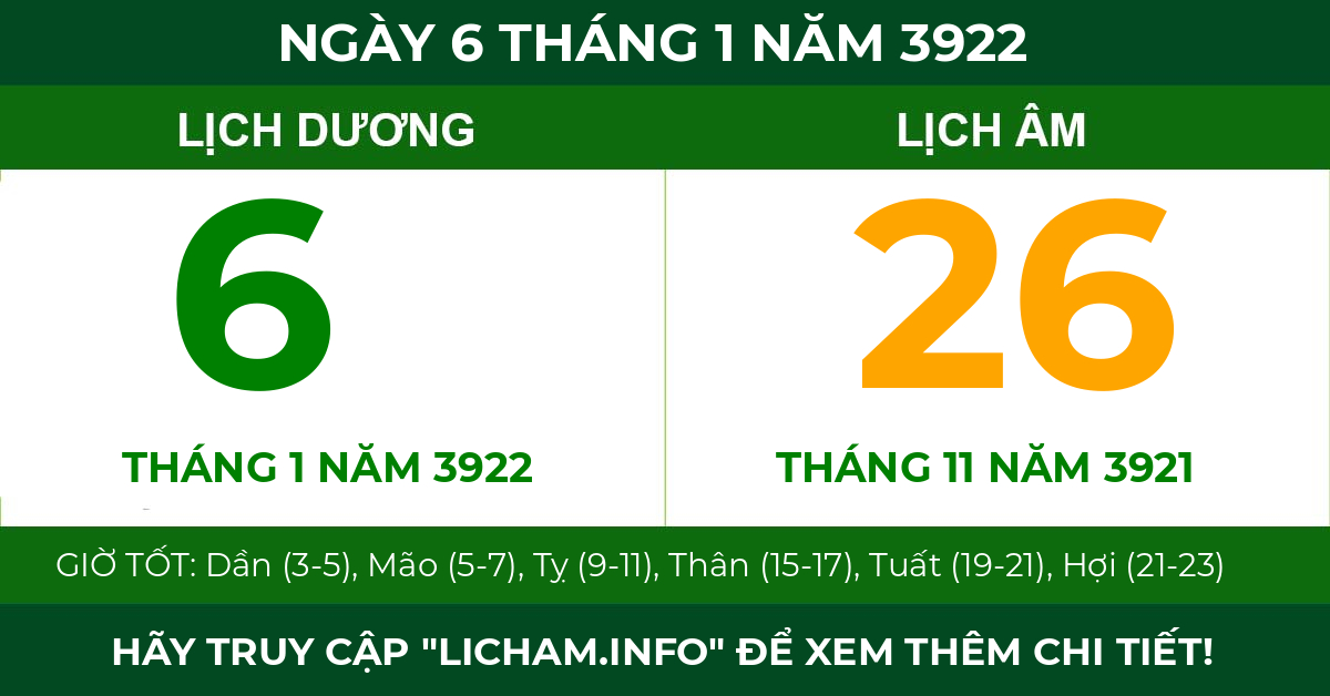 lịch âm ngày 6 tháng 1 năm 3922