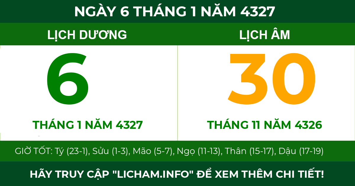 lịch âm ngày 6 tháng 1 năm 4327