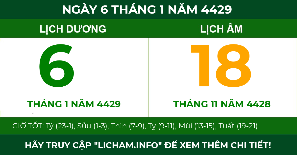lịch âm ngày 6 tháng 1 năm 4429
