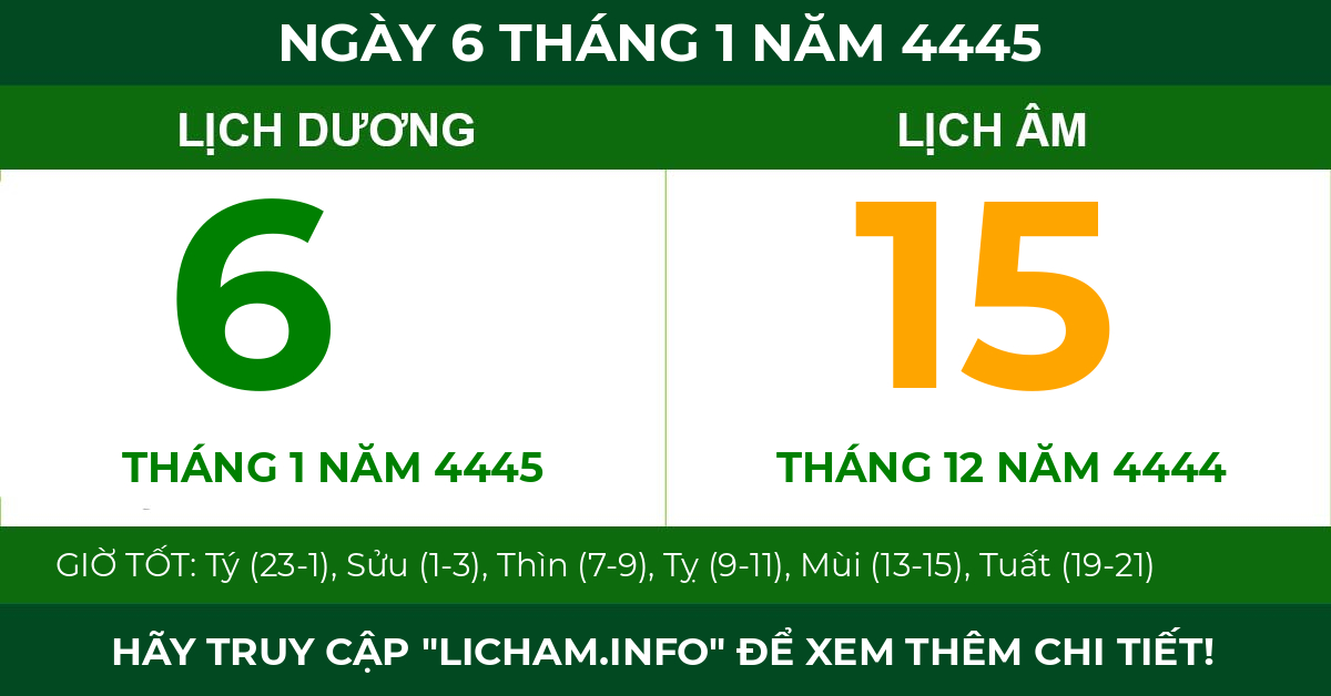 lịch âm ngày 6 tháng 1 năm 4445