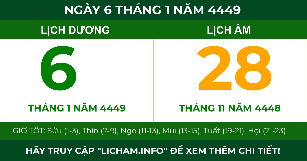 lịch âm ngày 6 tháng 1 năm 4449