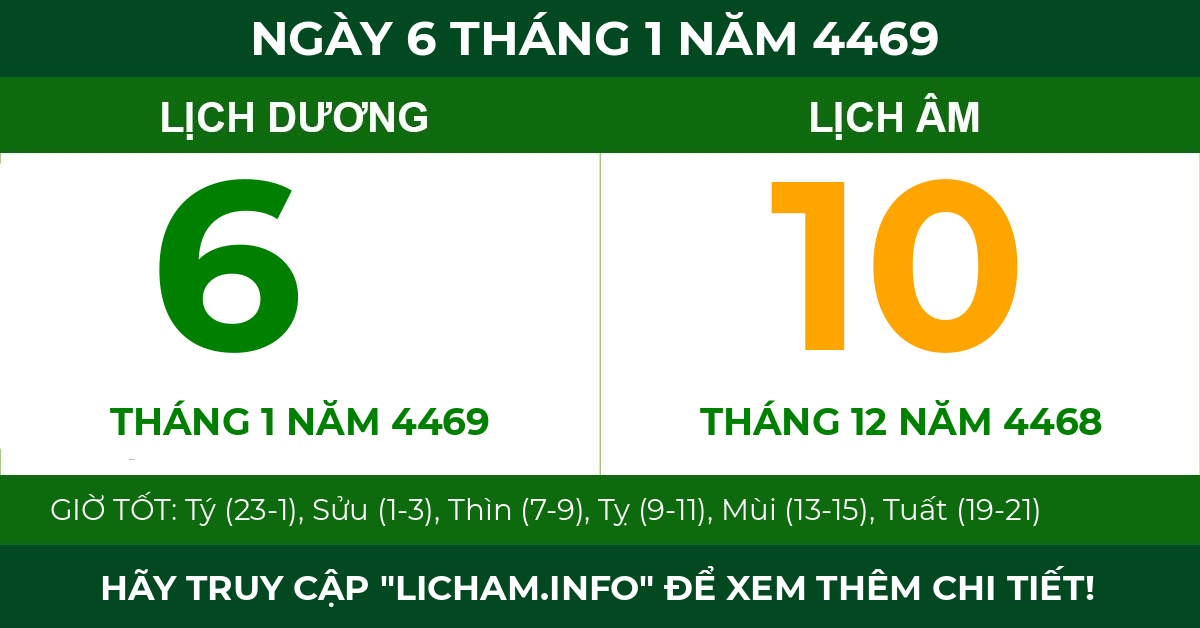 lịch âm ngày 6 tháng 1 năm 4469