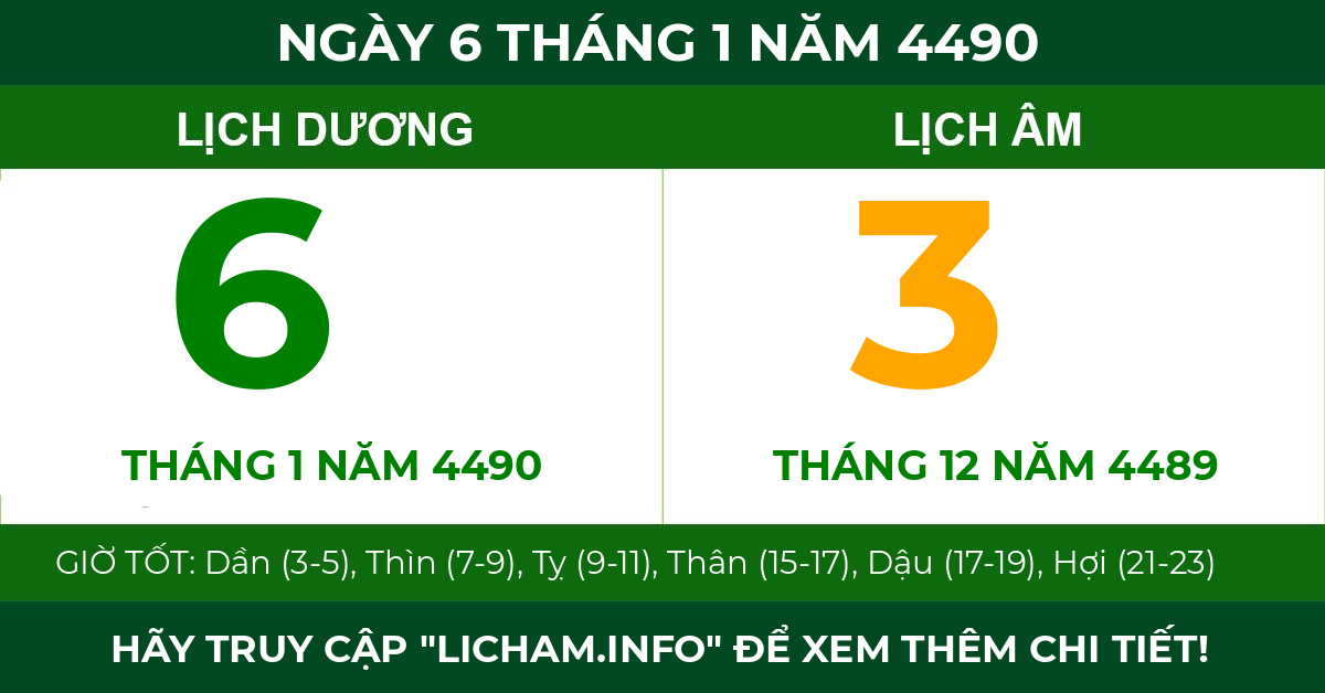 lịch âm ngày 6 tháng 1 năm 4490