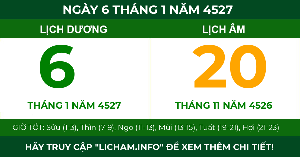 lịch âm ngày 6 tháng 1 năm 4527