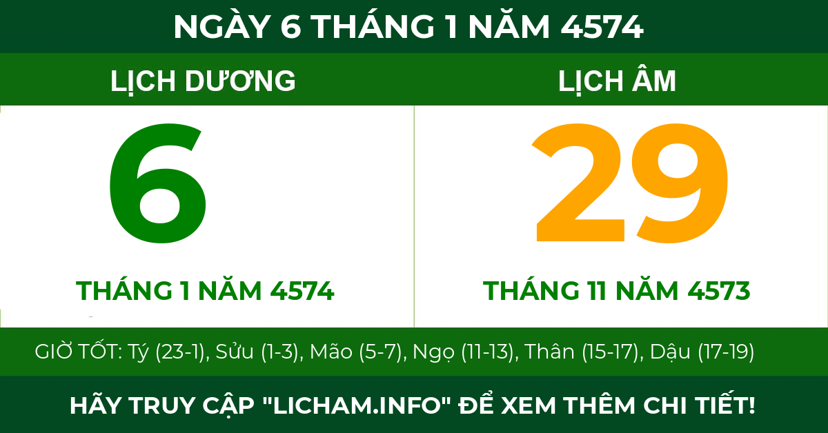 lịch âm ngày 6 tháng 1 năm 4574