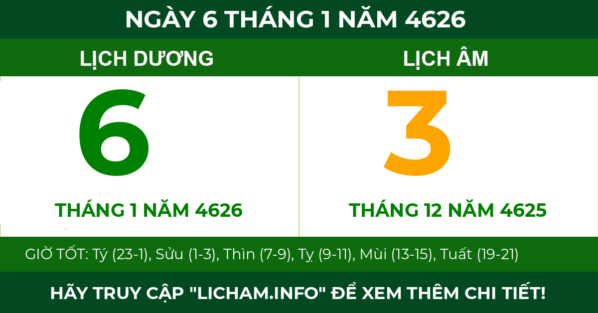 lịch âm ngày 6 tháng 1 năm 4626