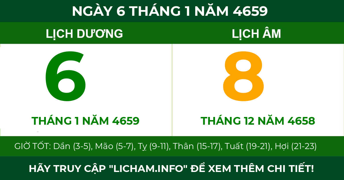 lịch âm ngày 6 tháng 1 năm 4659