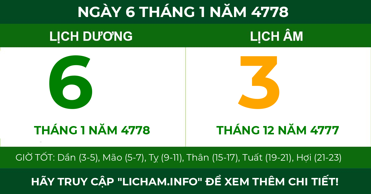 lịch âm ngày 6 tháng 1 năm 4778