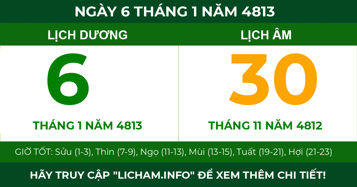lịch âm ngày 6 tháng 1 năm 4813