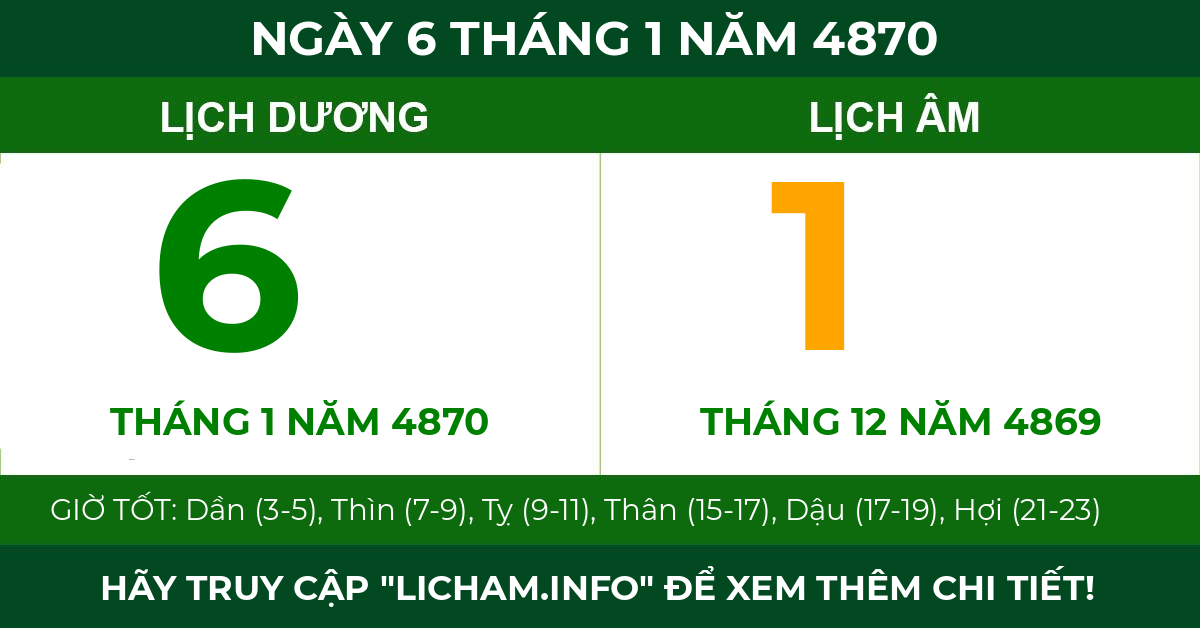 lịch âm ngày 6 tháng 1 năm 4870