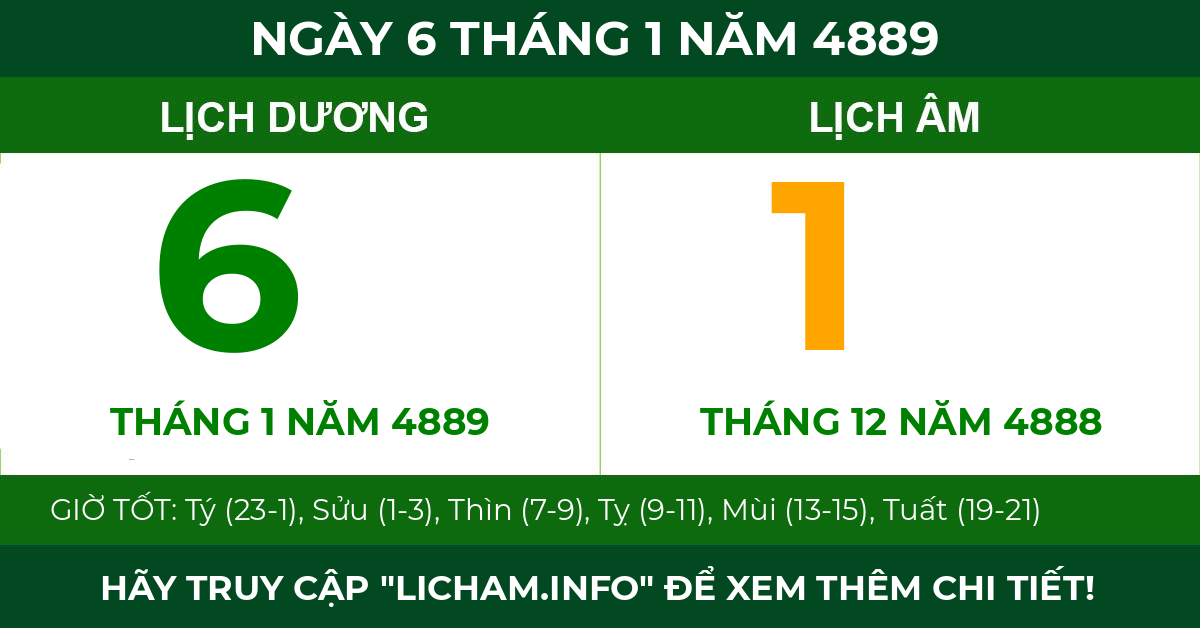 lịch âm ngày 6 tháng 1 năm 4889