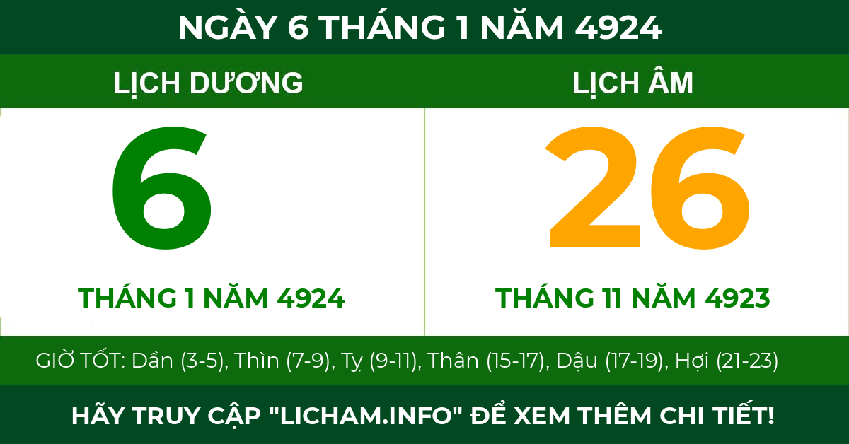 lịch âm ngày 6 tháng 1 năm 4924