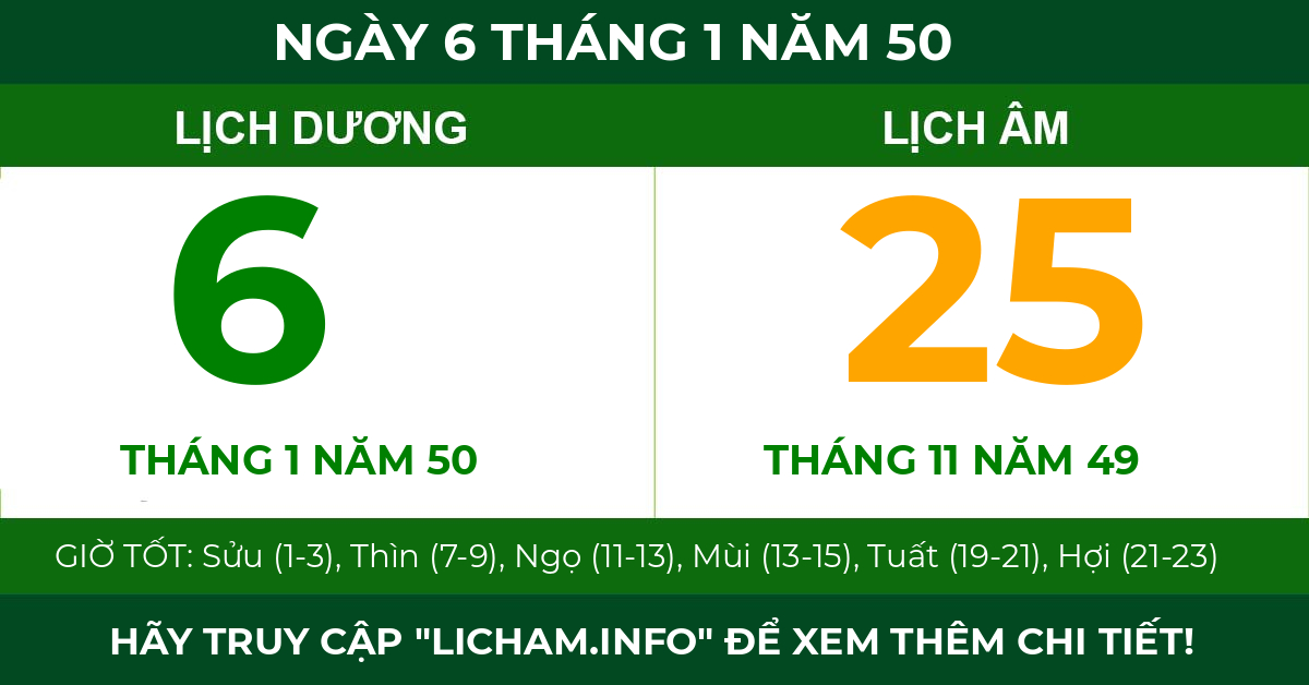 lịch âm ngày 6 tháng 1 năm 50