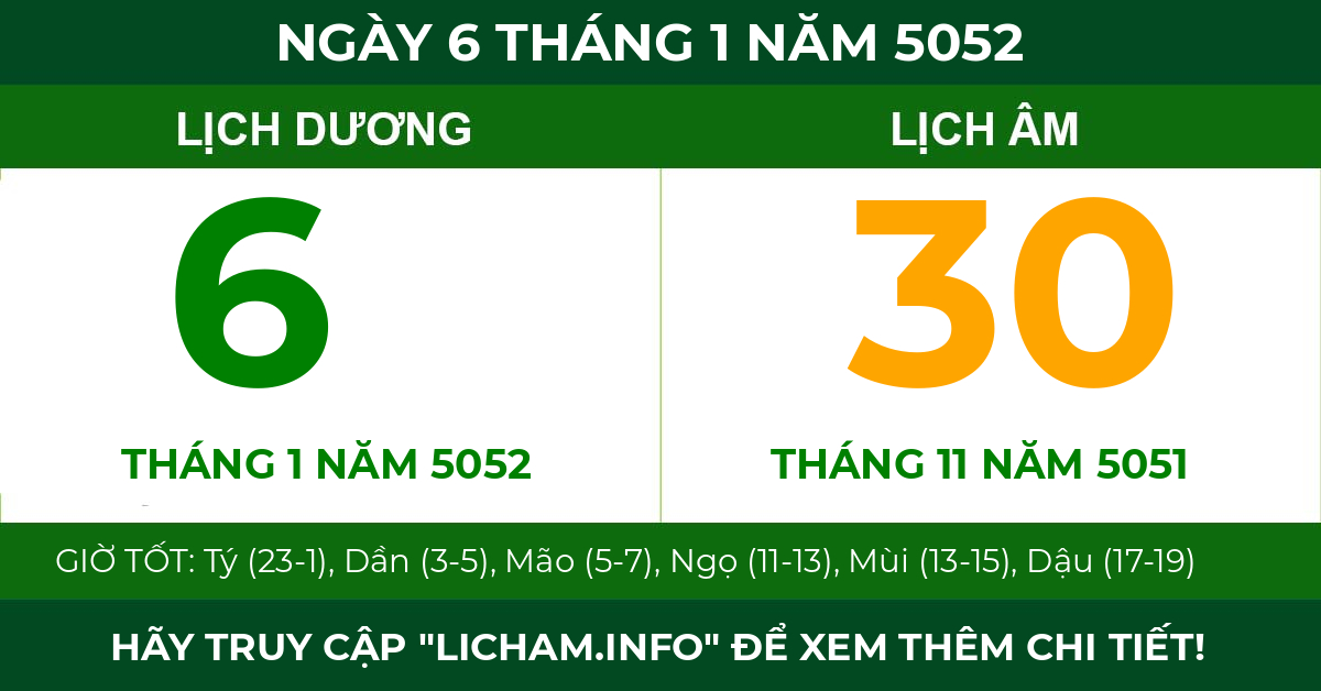 lịch âm ngày 6 tháng 1 năm 5052