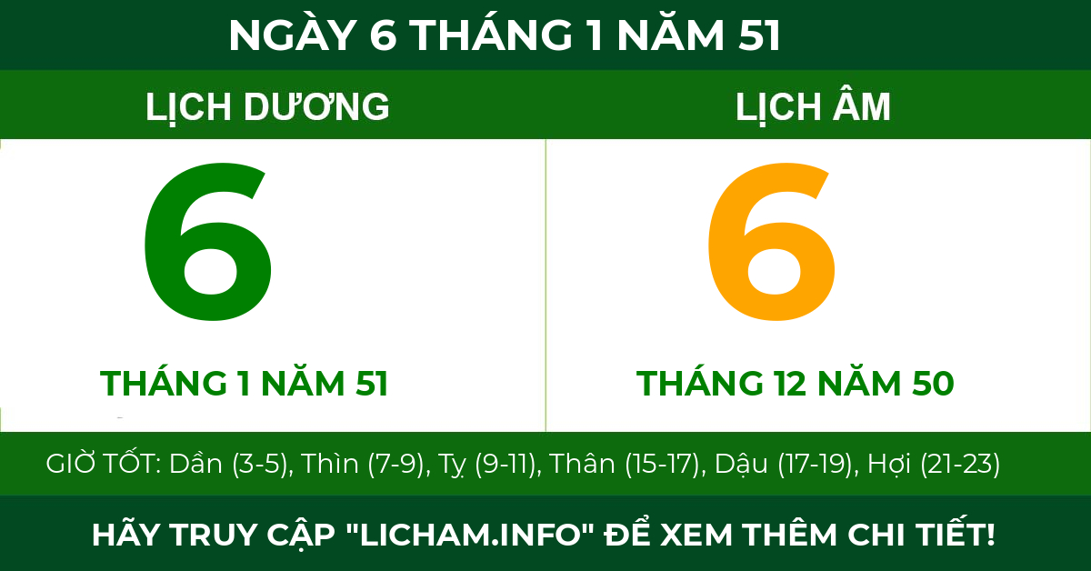 lịch âm ngày 6 tháng 1 năm 51