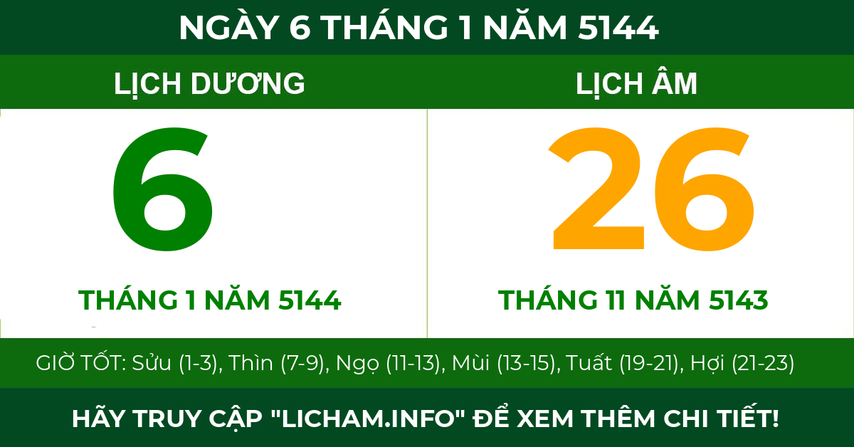 lịch âm ngày 6 tháng 1 năm 5144
