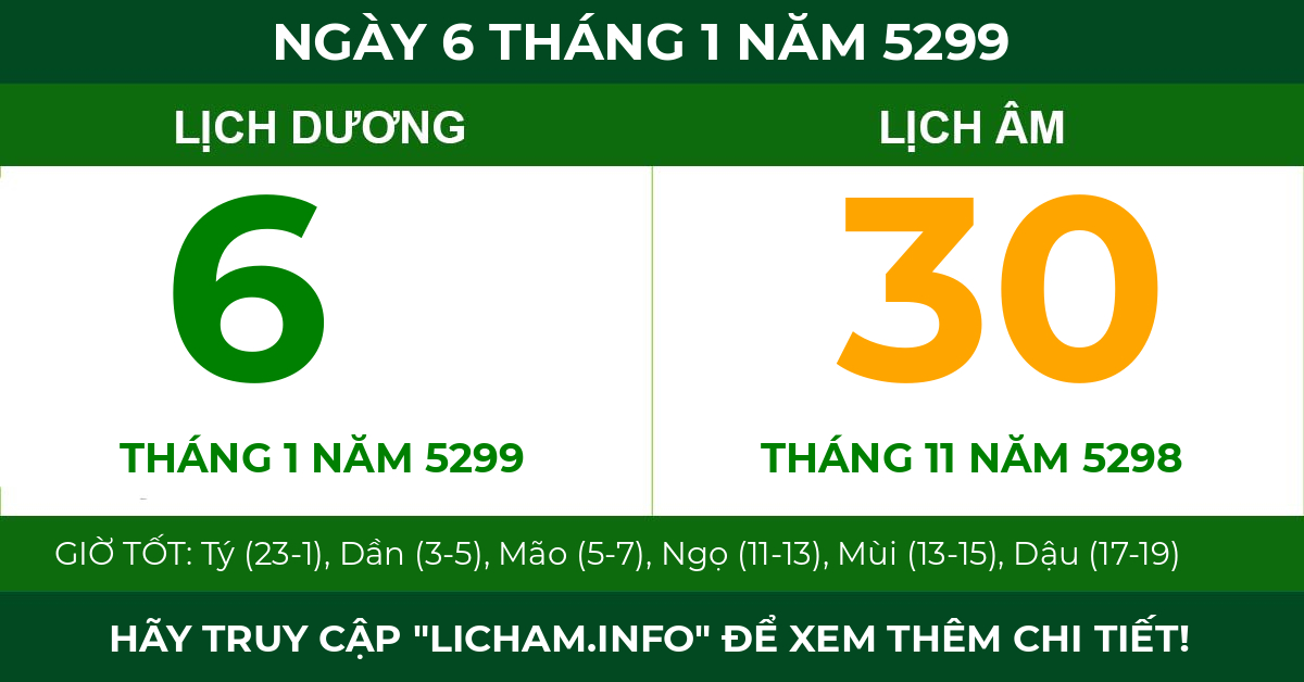 lịch âm ngày 6 tháng 1 năm 5299