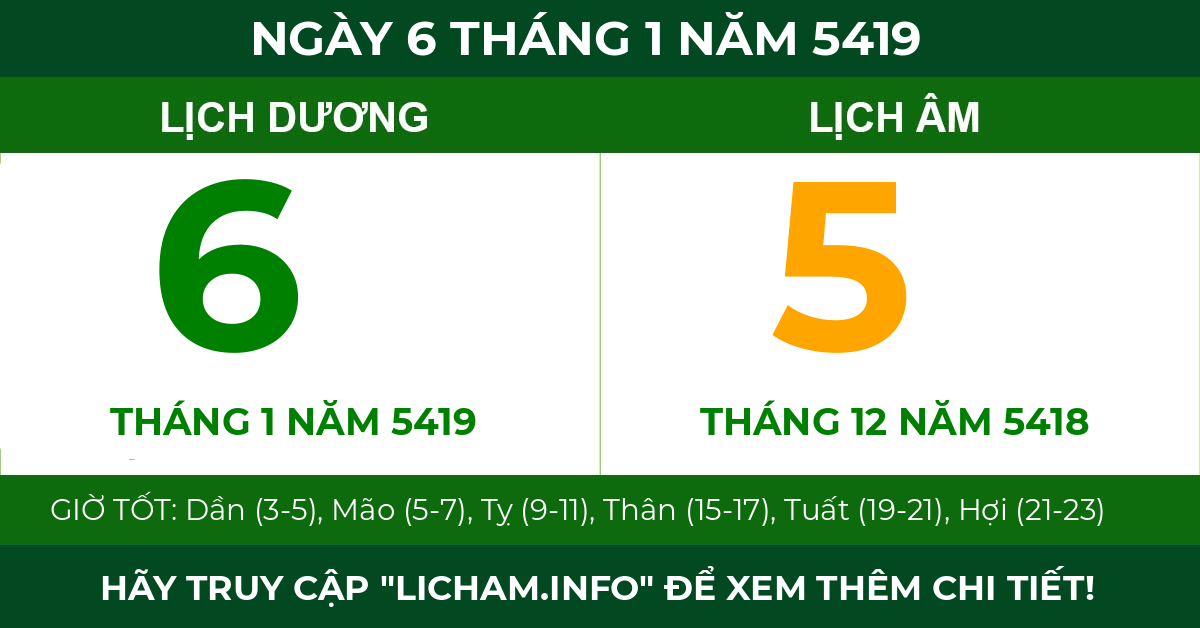 lịch âm ngày 6 tháng 1 năm 5419