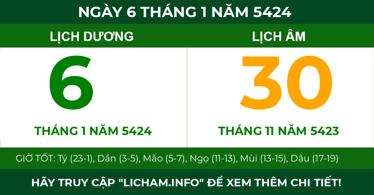 lịch âm ngày 6 tháng 1 năm 5424
