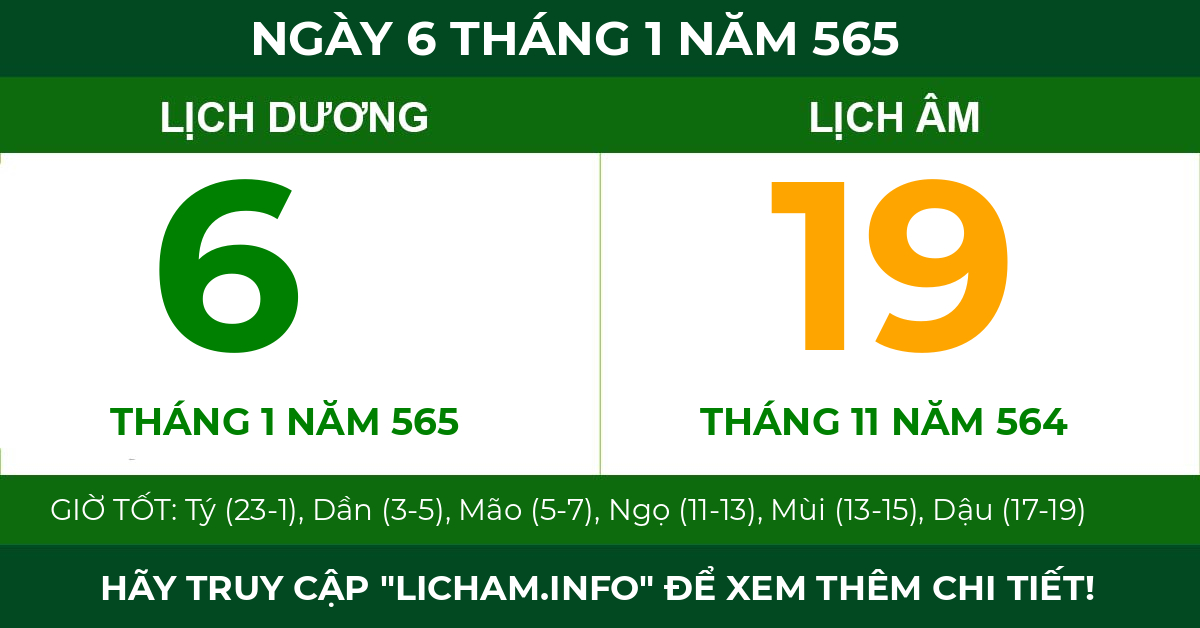 lịch âm ngày 6 tháng 1 năm 565