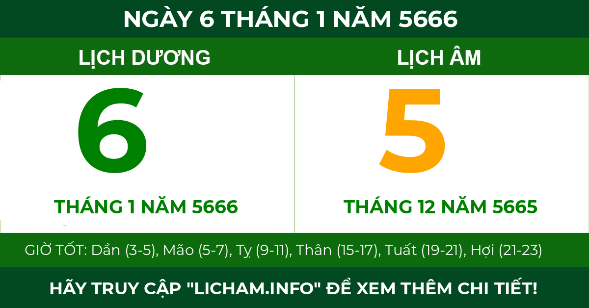 lịch âm ngày 6 tháng 1 năm 5666