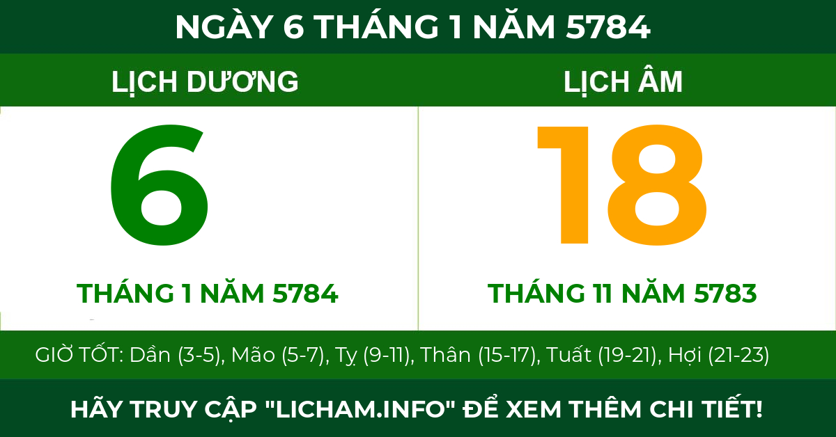 lịch âm ngày 6 tháng 1 năm 5784