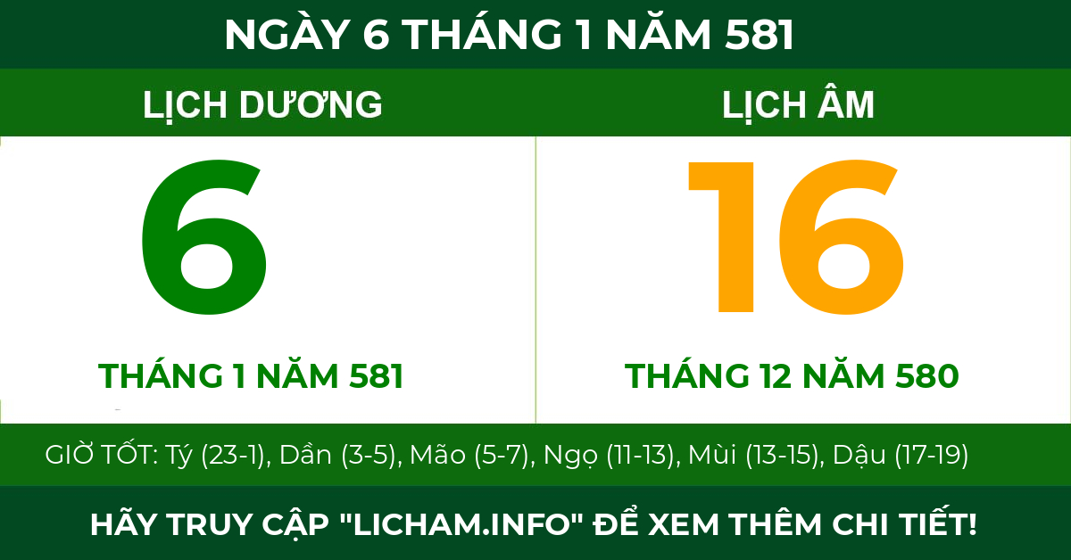 lịch âm ngày 6 tháng 1 năm 581