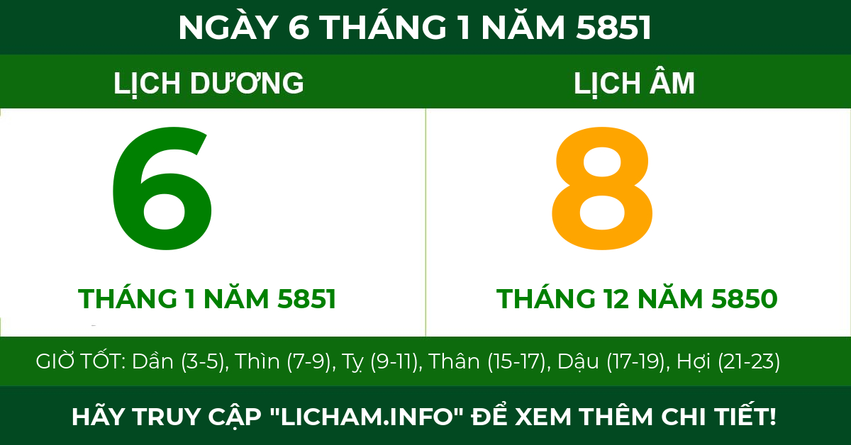 lịch âm ngày 6 tháng 1 năm 5851