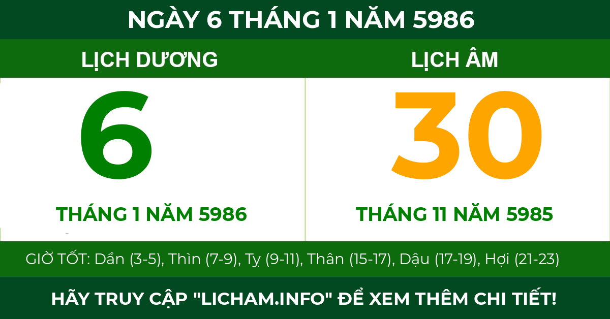 lịch âm ngày 6 tháng 1 năm 5986