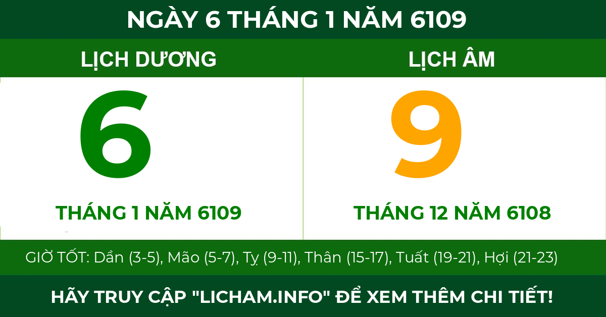 lịch âm ngày 6 tháng 1 năm 6109